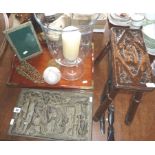 Wooden tray, ornate brass letter rack, footstool carved with grotesque "green man" face, African