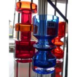 Art glassware:- three Riihimaki Lasi Oy of Finland glass vases (two red, one blue), designed by