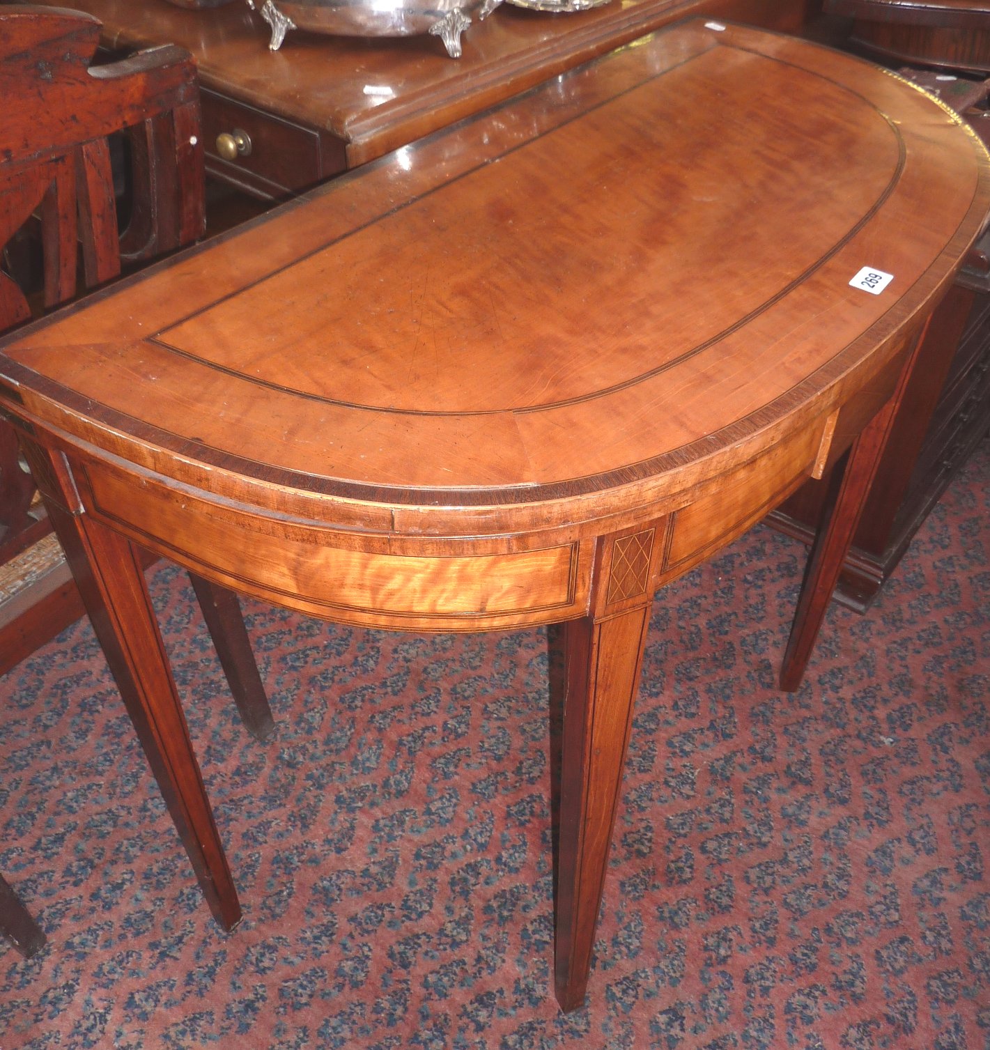 Georgian satinwood foldover card table with cross-banding & ebony stringing on square tapering legs