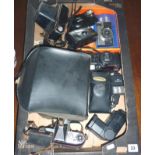 Box of various vintage cameras including Praktika, Pentax, Olympus, Zenit & Polaroid etc