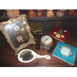 Two Art Nouveau-style metal mirrors, two tiles etc (6)