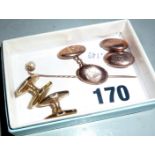 9ct gold cufflinks, a hatpin with pearl mount, and another pair of cufflinks