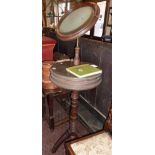 Late 19th c. mahogany Gentleman's shaving stand, having adjustable round mirror above round lidded