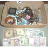 Box of assorted jewellery, coins & banknotes etc