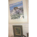 Framed print of girls by the sea, and another signed 1940's print
