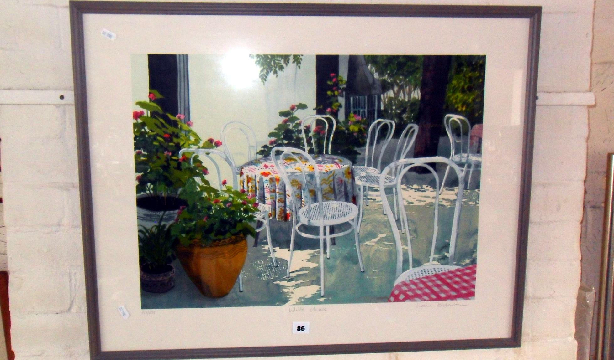 Ilana RICHARDSON (XX) coloured print "White Chairs", signed in pencil, No 157/225, framed 21"x 34"