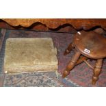 Victorian pine four-legged milking stool, and a footstool with upholstered top above carved oak