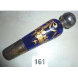 French 19th c. blue glass scent flask with foliate & swag pattern to lid and cut & gilt decoration