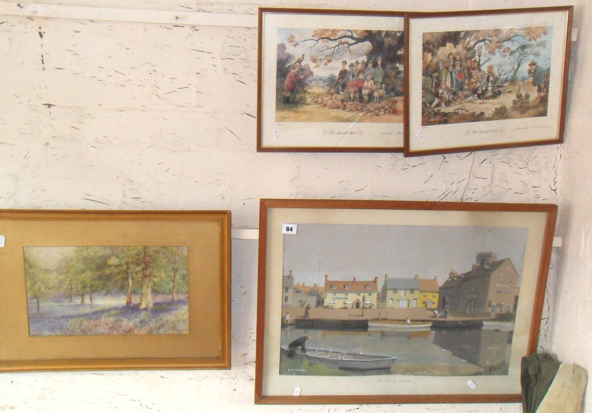 K.E. TRASK, framed print of The Quay at Wareham, a signed watercolour of a woodland scene, and two