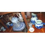 Set of three blue & white platters, cheese cover and gravy boat etc by Victoria Ware