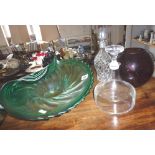 Large 1960's green glass shell-shaped glass fruit bowl, two decanters, and another