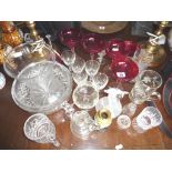 Assorted cut-glass tankards and glasses, and a set of four ruby champagne coupes with twisted stems