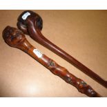 Tribal Art:- Irish tribe carved blackthorn walking stick with carved heads & faces, together with