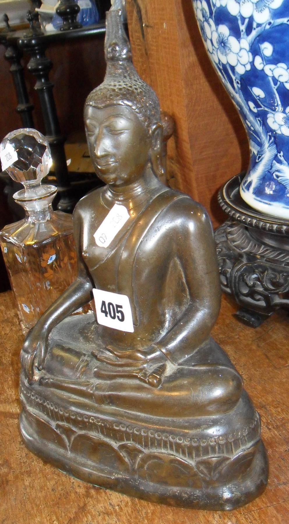 Old Burmese bronze Buddha (10"), and a glass scent bottle with gilt decoration - Image 2 of 4