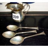 HM silver cream jug, London 1907, and three silver Onslow pattern teaspoons