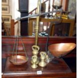 Set of scales with brass column upright on mahogany base having copper pans & brass weights