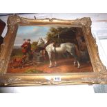 Early 20th c Dutch School oil on board of a horse & groom with his dog by a stable, in gilt frame