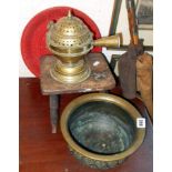 Middle Eastern brass censer, a bronze bowl, a Chinese red lacquered resin dish, and a footstool