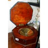 Victorian octagonal footstool with lidded compartment holding a brass spittoon