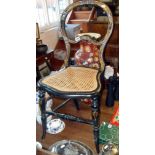 Victorian ebonised & gilded bedroom chair having inlaid mother-of-pearl decoration & canework seat