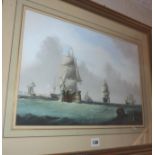 Marine watercolour of ships of the line off the coast, unsigned in gilt frame