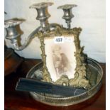 Ornate brass photo frame, candlesticks & silver plate tray