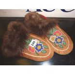 Tribal Art:- Pair of Native American moccasins with trade beadwork decoration & fur trim