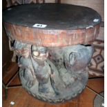 Tribal Art:- a Cameroon carved & dated hardwood stool with two leopards, male & female figures (