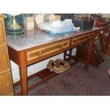 Late 19th c. marble-topped washstand with tiled back above two drawers standing on square tapering