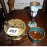 Brass fly fishing reel, a French cloisonne spill vase, and an Oriental cloisonne napkin ring