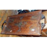 Oriental brass inlaid hardwood tray table with ornately carved handles & bobbin-turned folding legs