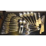Solid HM silver cutlery - four serving spoons, six dessert spoons, six table forks and six dessert