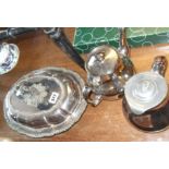 Silver plated entree dish, silver lustre teapot & water jug