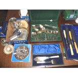 Assorted silver plated cutlery including cased sets for carving & serving, an inkwell, hip flask &