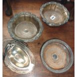 Pair of Sheffield plate coasters, another similar, and a silver plated basket