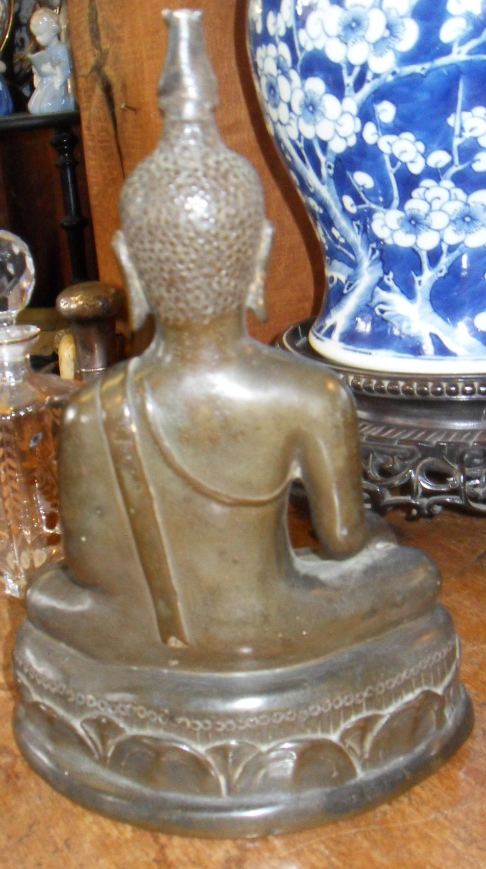 Old Burmese bronze Buddha (10"), and a glass scent bottle with gilt decoration - Image 3 of 4