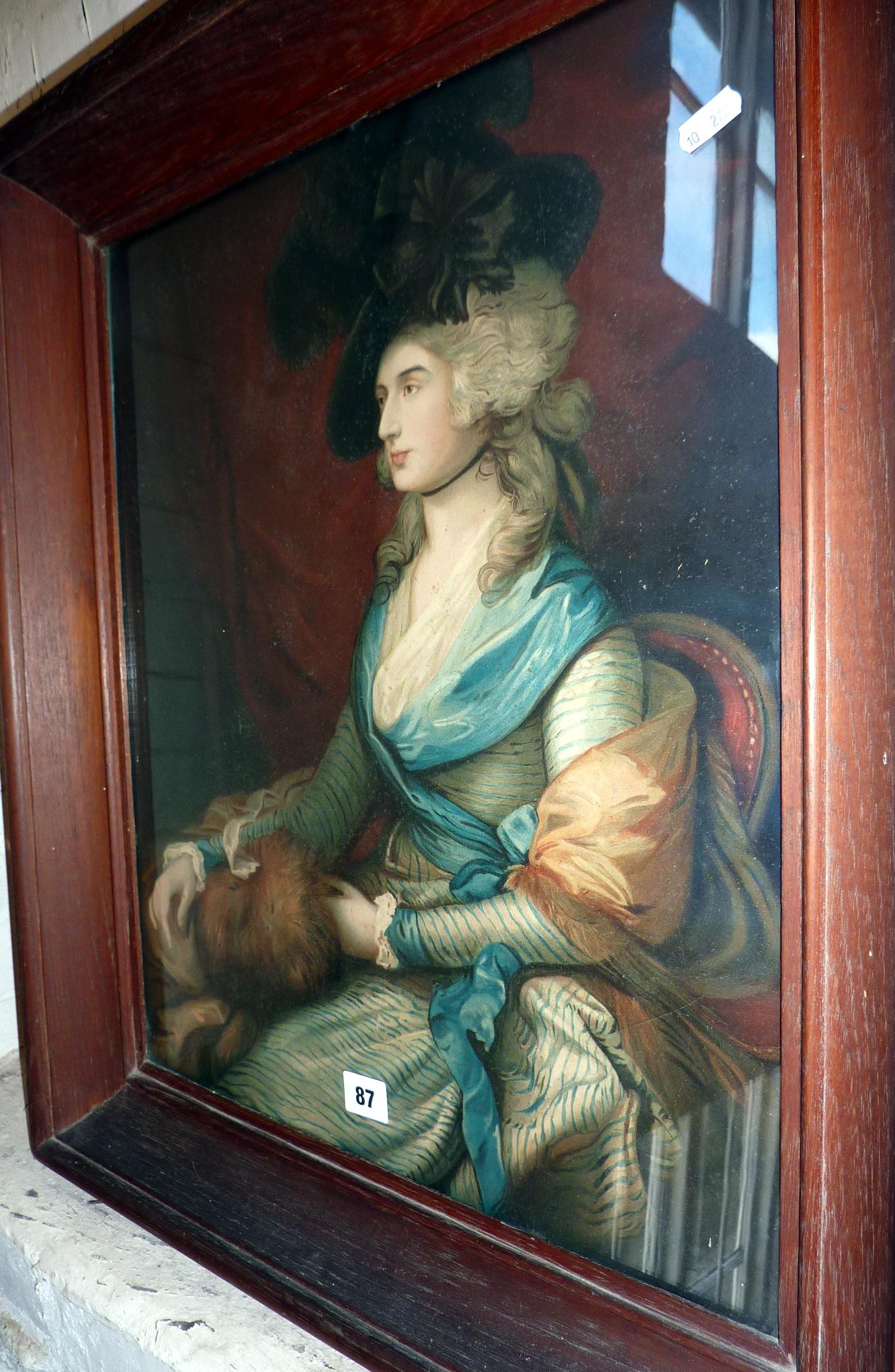 Oak-framed coloured print after Gainsborough of a lady