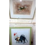 Watercolour of daisies by Edward VINE, and a coloured print (2/250) of a Cockerel by Yvonne EDWARDS
