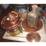 Assorted modern copperware & a German carved wood charger