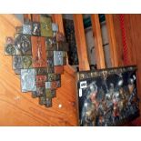 Relief panel in resin of Art Nouveau plaques, and relief plaque of medieval knights in battle
