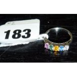 9ct white gold ladies ring inset with multi-coloured gemstones