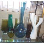 Collection of eleven Scandinavian coloured glass vases including Riihimaki, and a three-stemmed