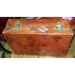 Old leather suitcase with brass locks, and two brass garden sprays