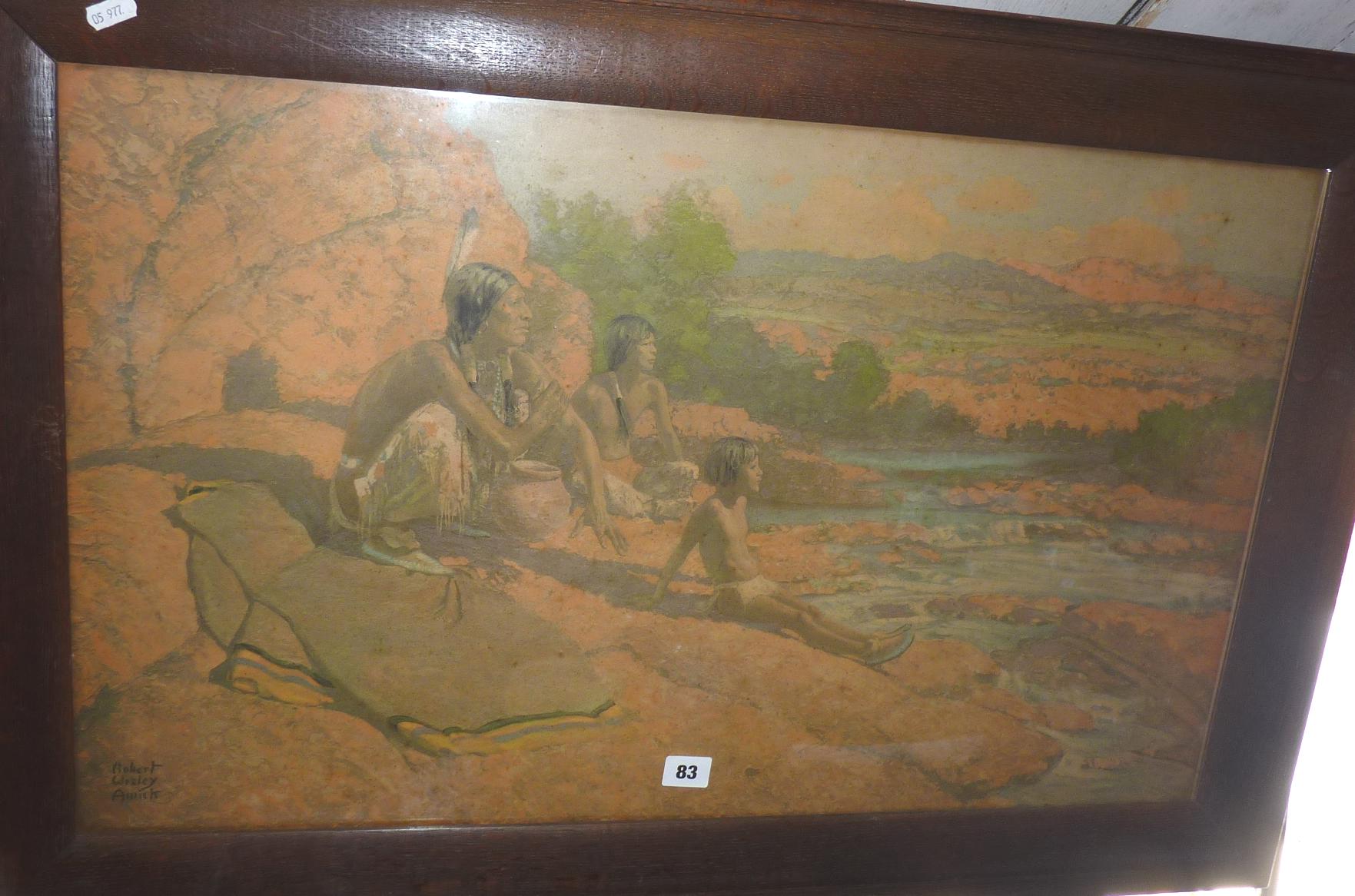 Amick Robert Wesley lithograph of Native Americans entitled "Where the Sun Goes" c.1920's