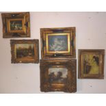 Five various oil paintings of various subjects including Kittens, Ducks & Sheep in bold gilt frames