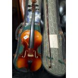 Violin (14" with "Stradivarius" label saying "made in Czechoslavakia " and a bow, cased