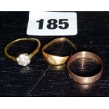 9ct gold band, and two other ladies rings