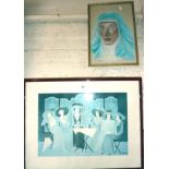 Colour pencil portrait of a nun called "Ann", and a print of 'ladies who lunch"