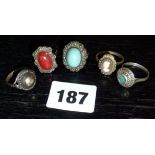 Five vintage white metal dress rings