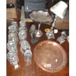 Johnnie Walker copper tray, ten cut-glass storage jars, John Letts girl figurine, and other